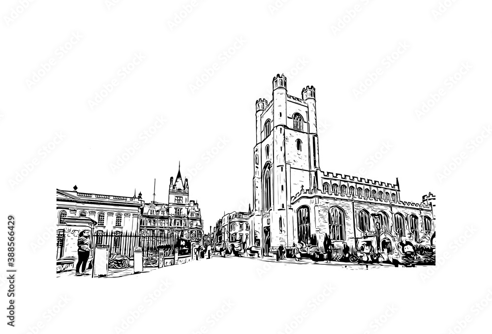 Building view with landmark of Cambridge is a city on the River Cam in eastern England. Hand drawn sketch illustration in vector.