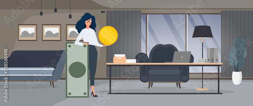 The girl is holding a dollar. Woman with a gold coin in her hands. The concept of earning and successful business. Vector.