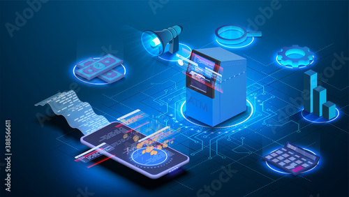 Currency exchange online service, bank automated teller machine network locator isometric. Isometric web banner ATM withdrawal machine. Mobile banking, online payment concept. Banking technology