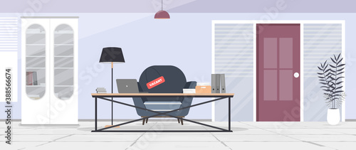 Vacant place banner. Search for a leader. Loft style table. Workplace, books, documents, laptop. Vector.