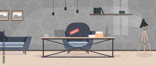 Vacant place banner. Search for a leader. Loft style table. Workplace, books, documents, laptop. Vector.