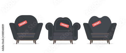 Vacant place. Vintage navy blue armchair. Vacant sign. Employee search and open vacancy concept. Vector.