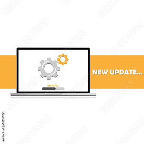 Update system software on laptop, update data or sync with progress bar on screen. Vector EPS10