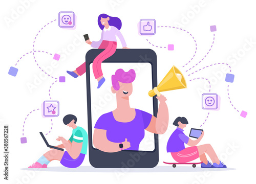 Influencer advertising marketing. Social media promotion, phone screen influencer or blogger internet advertisement promotion vector illustration. Influence blogger, digital smm, web marketing online