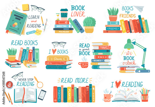 Reading books. Stack of library books with hand drawn lettering, open or closed textbooks, reading vector illustration icons set. library literature, stacks book school, knowledge and education