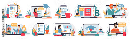 Online education. Internet classes, webinar or digital classroom, homeschooling on laptop screen. E-learning concept vector illustration set. Students having different subjects at home photo