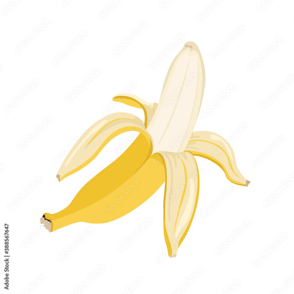 Half peeled banana isolated on white background. Vector illustration, fruit icon. Cartoon flat style. Half peeled banana isolated on white background. Vector illustration, fruit icon. Cartoon flat style.