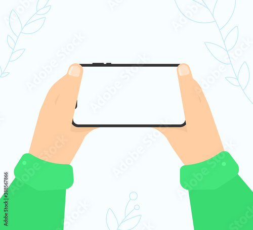 Holding phone sideways with two hands, mobile phone, vector for websites.	

