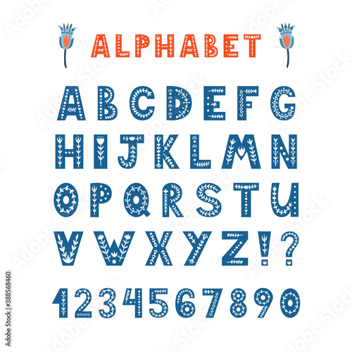 Folk latin alphabet. Decorative font, letters and ornate - leaves, flowers. Handwritten typescript for poster, banner, invitation. Hand drawn lettering. Vector scandinavian style ABC isolated on white