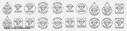 Food packaging label. Information sticker. No flavors. No added flavor enhancers. Does not contain flavor enhancers. Vector illustration.