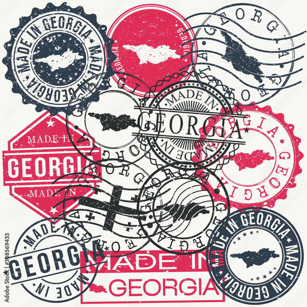 Georgia Set of Stamps. Travel Passport Stamp. Made In Product. Design Seals Old Style Insignia. Icon Clip Art Vector.