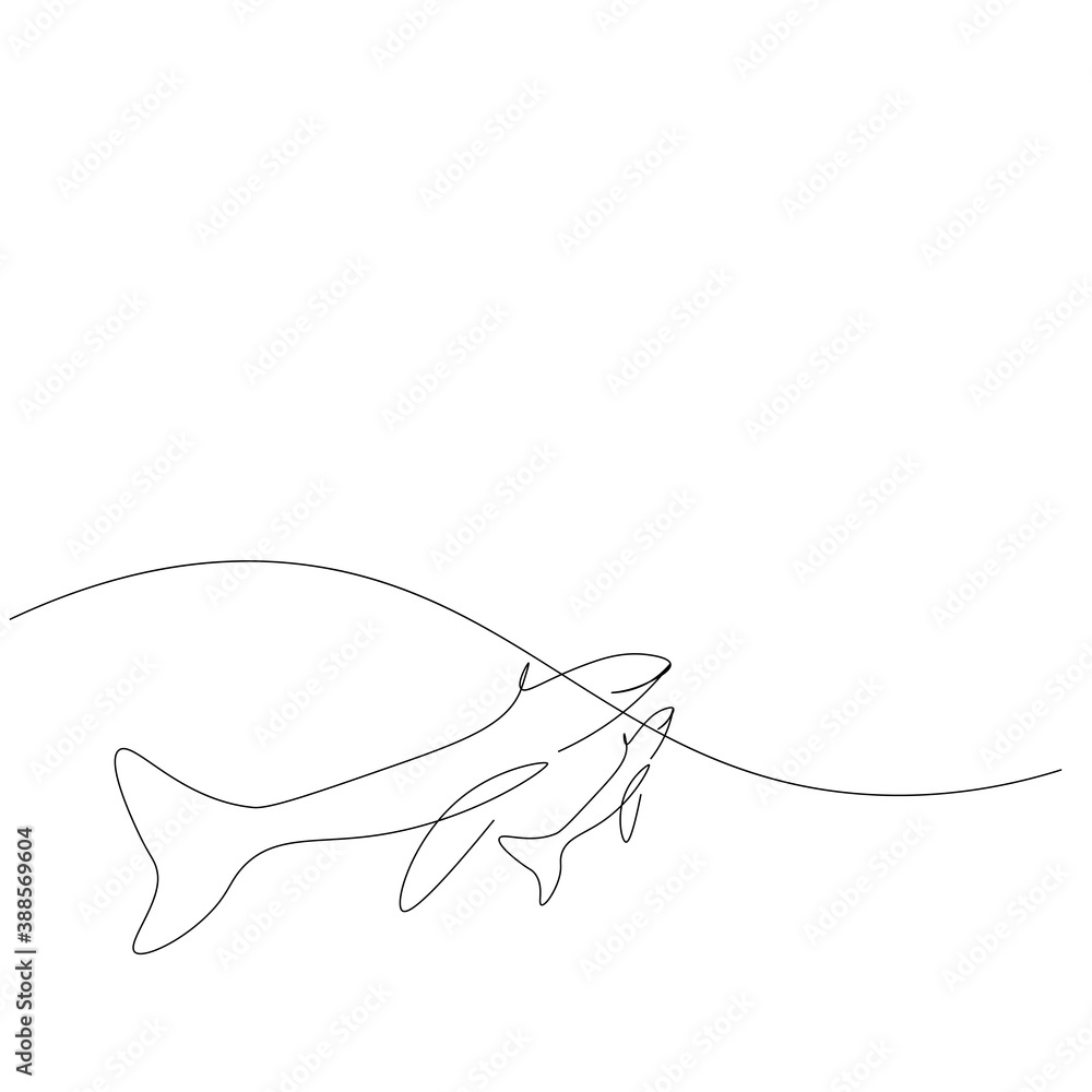 Whale family on sea line drawing. Vector illustration Whale family on sea line drawing. Vector illustration