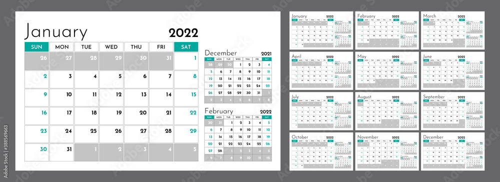 Horizontal quarterly calendar for 2022. Week starts on Sunday. A set of 12 calendar pages. Vector template. Horizontal quarterly calendar for 2022. Week starts on Sunday. A set of 12 calendar pages. Vector template.