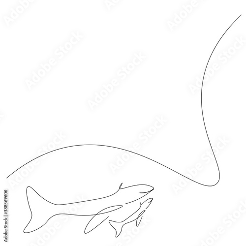 Fototapeta Naklejka Na Ścianę i Meble -  Whale family on ocean line drawing. Vector illustration