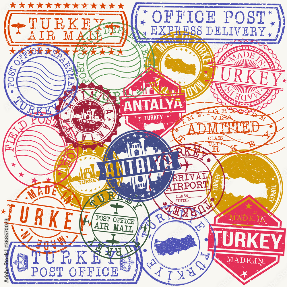 Antalya Turkey. Set of Stamps. Travel Stamp. Made In Product. Design Seals Old Style Insignia.