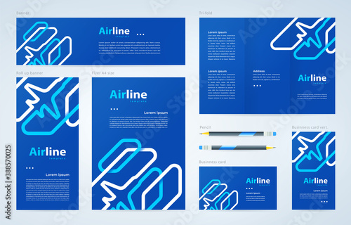 Airplane lines theme Set flyer cover, tri-fold, banner, roll up banner, business card vector blue color