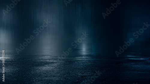 Dark street  wet asphalt  reflections of rays in the water. Abstract dark blue background  smoke  smog. Empty dark scene  neon light  spotlights. Concrete floor