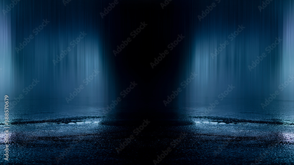 Fototapeta premium Dark street, wet asphalt, reflections of rays in the water. Abstract dark blue background, smoke, smog. Empty dark scene, neon light, spotlights. Concrete floor