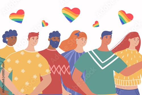 Lgbt community. Gay couples and lesbians poster. Pride parade. Bright vector illustration.