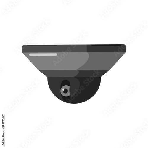 Black short CCTV camera on white backdrop. Equipment surveillance for protection, safety and watching in style flat design.