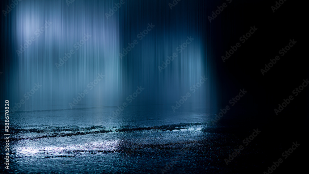 Dark street, wet asphalt, reflections of rays in the water. Abstract dark blue background, smoke, smog. Empty dark scene, neon light, spotlights. Concrete floor Dark street, wet asphalt, reflections of rays in the water. Abstract dark blue background, smoke, smog. Empty dark scene, neon light, spotlights. Concrete floor