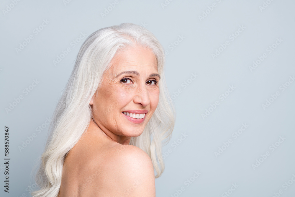 Closeup photo of beautiful naked aged lady visit spa salon procedures cheerful feel young isolated grey color background Closeup photo of beautiful naked aged lady visit spa salon procedures cheerful feel young isolated grey color background