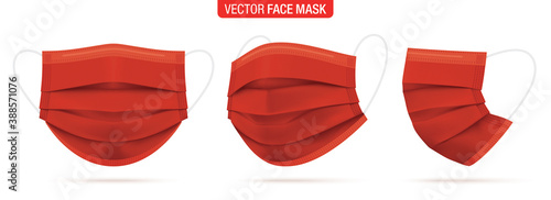 Red surgical face mask, vector illustration. Medical protective masks, from different angles isolated on white. Coronavirus protection mask with earloop, in a front, three-quarters, and side views.
