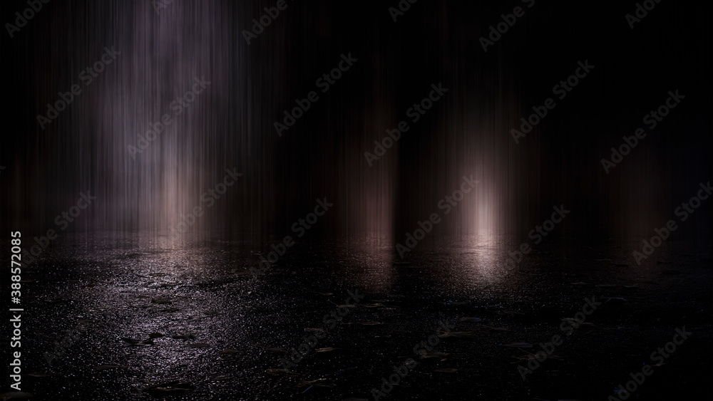 Fototapeta premium Dark street, wet asphalt, reflections of rays in the water. Abstract dark blue background, smoke, smog. Empty dark scene, neon light, spotlights. Concrete floor
