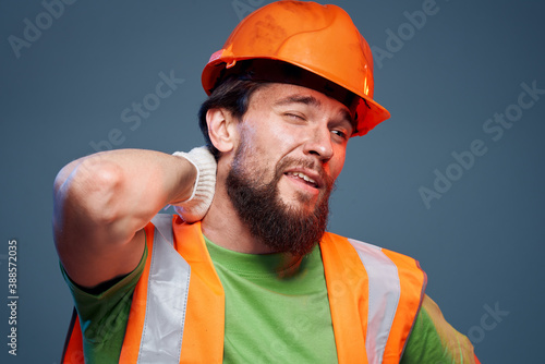 Worker man Construction uniform emotions engineer professional blue background © SHOTPRIME STUDIO