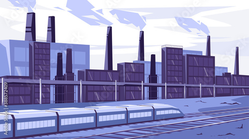 Vector illustration of an industrial landscape, a train is moving along the railway