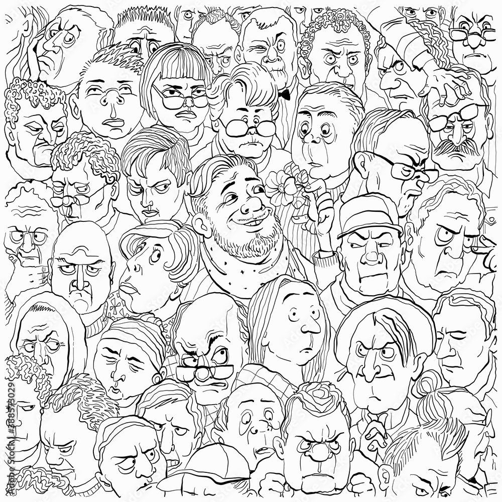 Vector illustration. A crowd of negative people. Among them is a cheerful and kind person. The concept of psychological tests. Reaction to the outside world and information from the outside Vector illustration. A crowd of negative people. Among them is a cheerful and kind person. The concept of psychological tests. Reaction to the outside world and information from the outside
