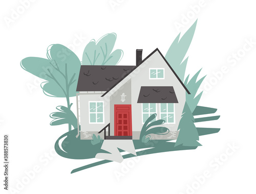 Hand Drawn Cartoon House in Garden Background. Flat style illustration Cozy Home. Little Vector Cottage Drawing. Creative Digital Art Work