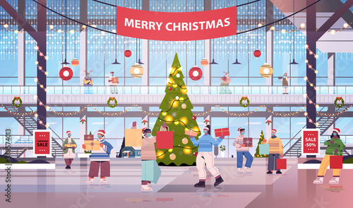 mix race people walking with purchases in shopping mall decorated for merry christmas and new year winter holidays celebration big store interior horizontal full length vector illustration