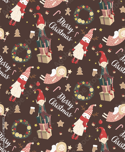 Festive seamless pattern on a brown background, consisting of characters and items Merry Christmas and Happy New Year - angel, gnome, deer, lantern, toys, gingerbread, ball, wreath, sweets, gifts.
