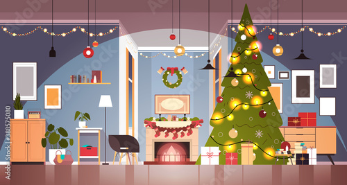 living room with decorated fir tree and garlands for new year christmas holidays celebration concept home interior horizontal vector illustration