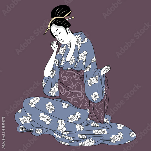 Sitting Japanese girl or geisha in kimono. Based on Utamaro art. Cartoon style.	