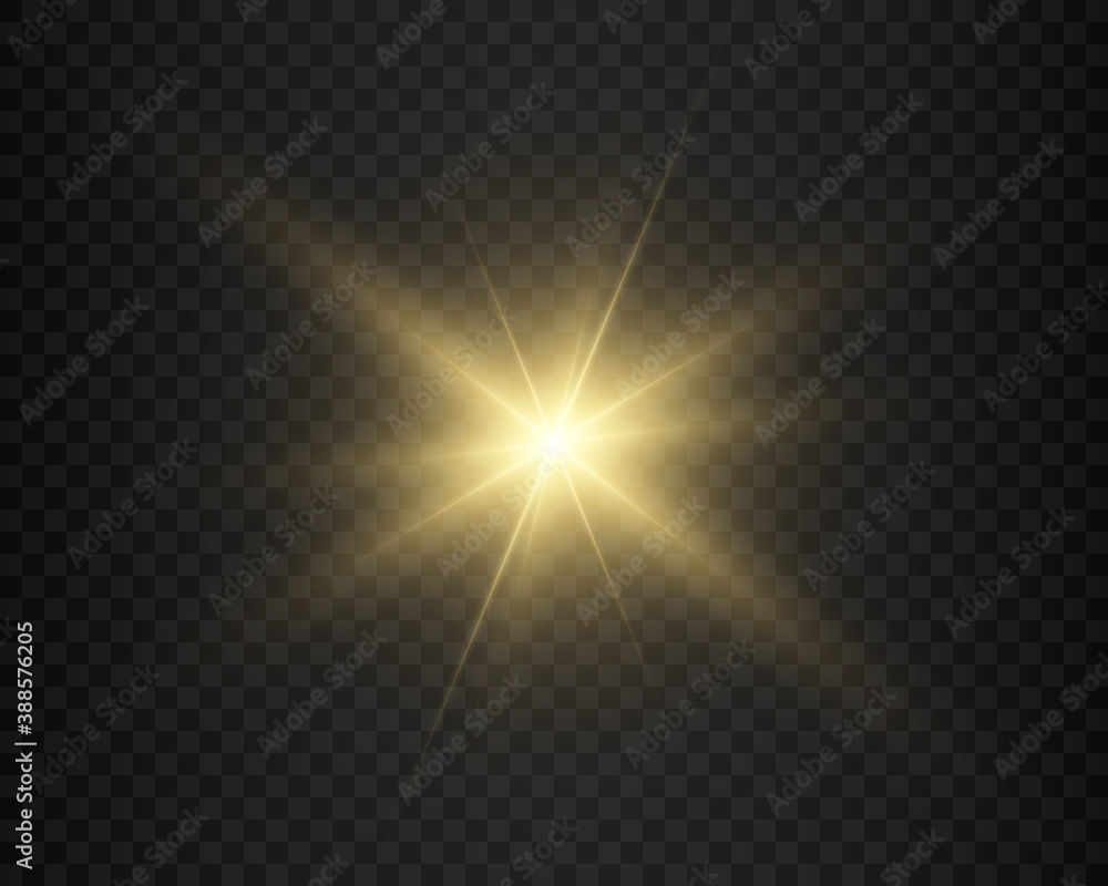 Yellow glowing light burst explosion with transparent. Vector illustration for cool effect decoration with ray sparkles. Bright star. Transparent shine gradient glitter, bright flare. Glare texture.	