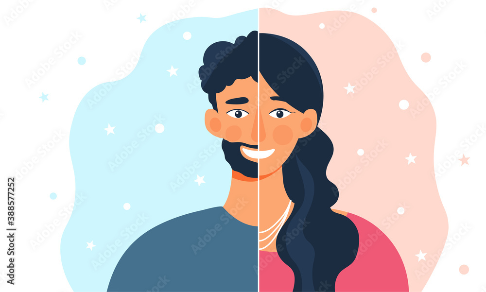 Gender identity concept. Gender transition. Person with half woman and half  man face. Cartoon vector illustration in flat style Stock Vector | Adobe  Stock