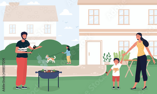 Happy family spending time in backyard. Mother, father and children performing recreational activities in garden. Parents and kids at barbecue party or picnic. Flat cartoon vector illustration