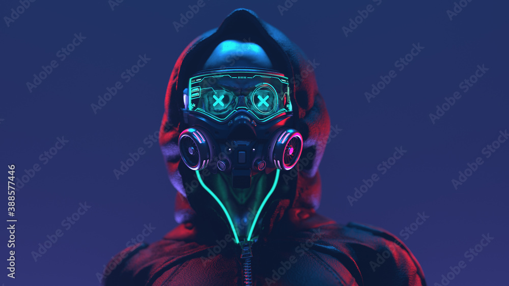 Fashion cyberpunk girl in leather black hoodie jacket wears gas mask with  protective glasses and filters,