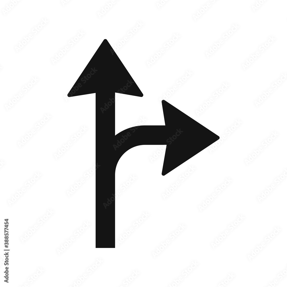 Turn right or proceed straight glyph icon road sign vector illustration in white background. Turn right or proceed straight icon sign Turn right or proceed straight glyph icon road sign vector illustration in white background. Turn right or proceed straight icon sign