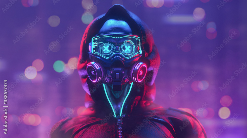 Fotografia Fashion cyberpunk girl in leather hoodie jacket wears gas mask  with protective glasses, filters su