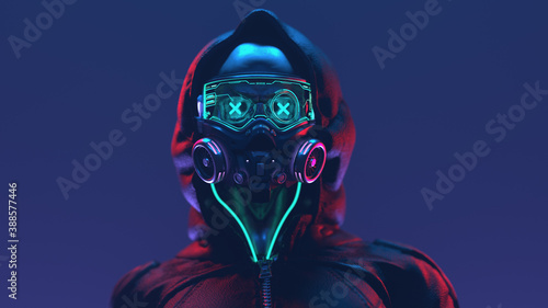 Canvas Fashion cyberpunk girl in leather black hoodie jacket wears gas mask with protective glasses and filters, glowing green wires