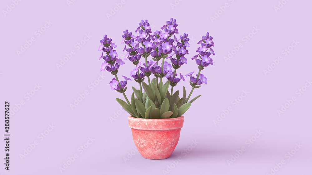 Beautiful purple stylized lavender herb plant in a clay red pot. Bouquet of fresh violet lavender flowers. Bunch of Blooming Lavender for Aromatherapy. Aromatic Wildflower. Plant decoration. 3d render