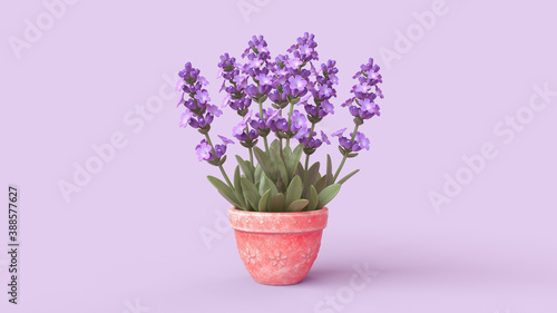 Beautiful purple stylized lavender herb plant in a clay red pot. Bouquet of fresh violet lavender flowers. Bunch of Blooming Lavender for Aromatherapy. Aromatic Wildflower. Plant decoration. 3d render