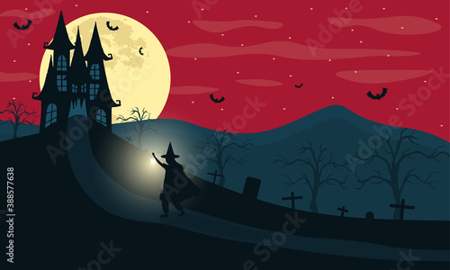 Happy Halloween Greeting Card. Man with burning lamp walking to old castle. Mystic night with full moon. Template for advertising brochure. Vector illustration