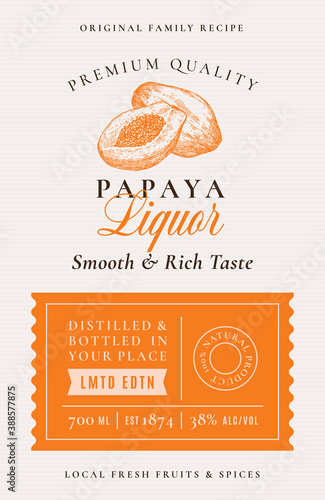 Family Recipe Papaya Liquor Acohol Label. Abstract Vector Packaging Design Layout. Modern Typography Banner with Hand Drawn Fruit Silhouette Logo and Background.