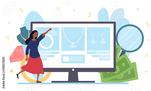 Pawnshop website template. Landing page design for website and mobile site development. Woman show website interface with jewelery. Vector illustration