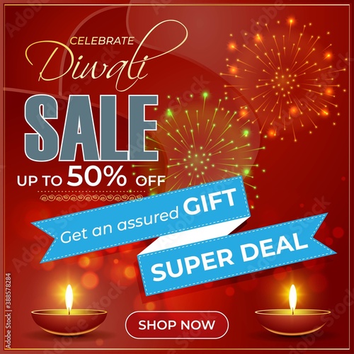 Diwali Festive Season Sale banner, up to 50% cashback. Limited offer Dipawali, Indian festival, diya lamp, oil lamp, get an assured gift, vector illustration offer banner, advertisement