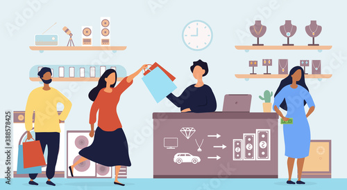 People pawn accessories at pawnshop. Exchange of jewelry, cars and gadgets. Flat cartoon vector illustration with fictional characters